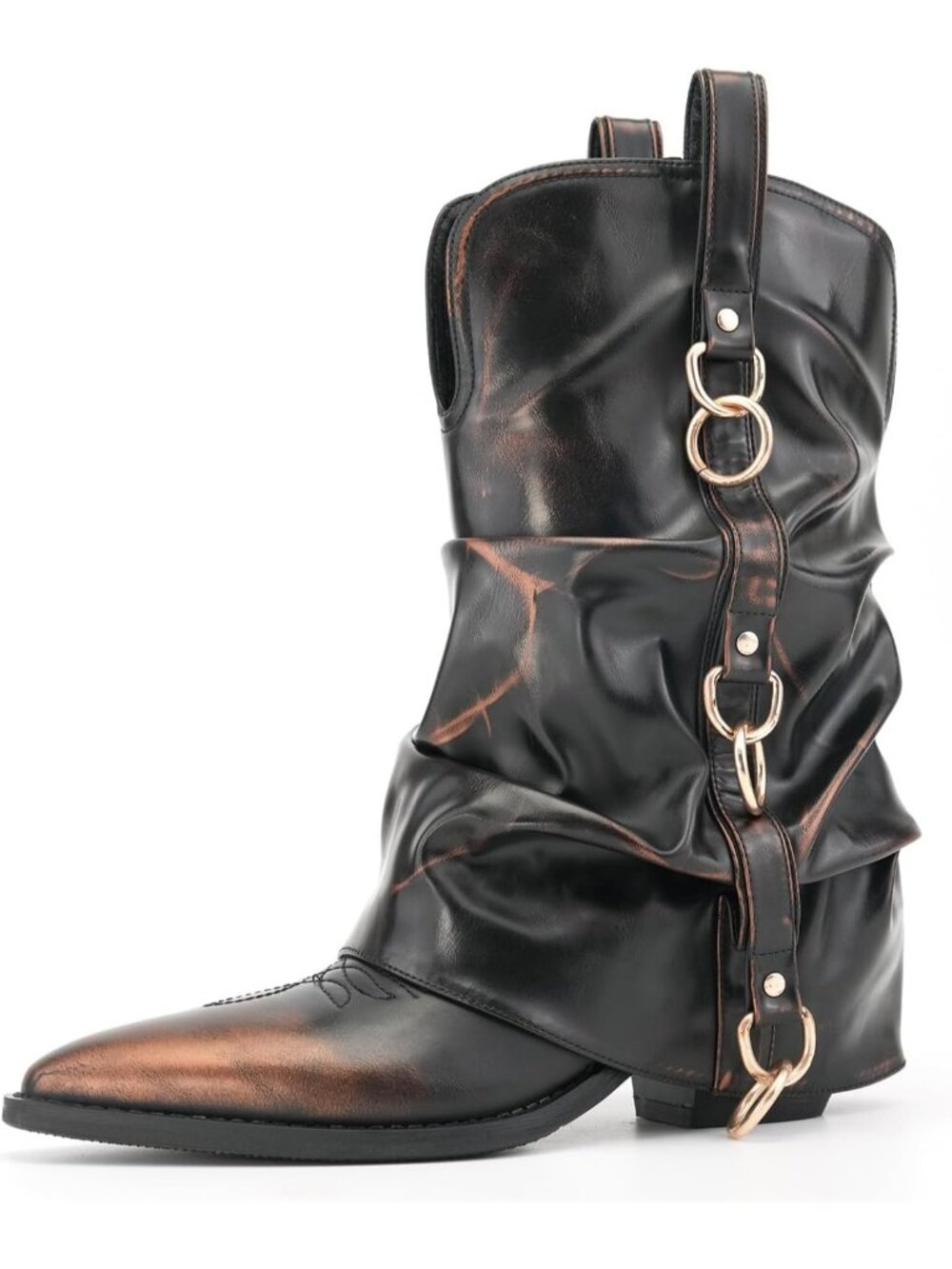 Women's Retro Gold Faux Leather Pointed Toe Fashion Riding Casual Cowgirl Boots